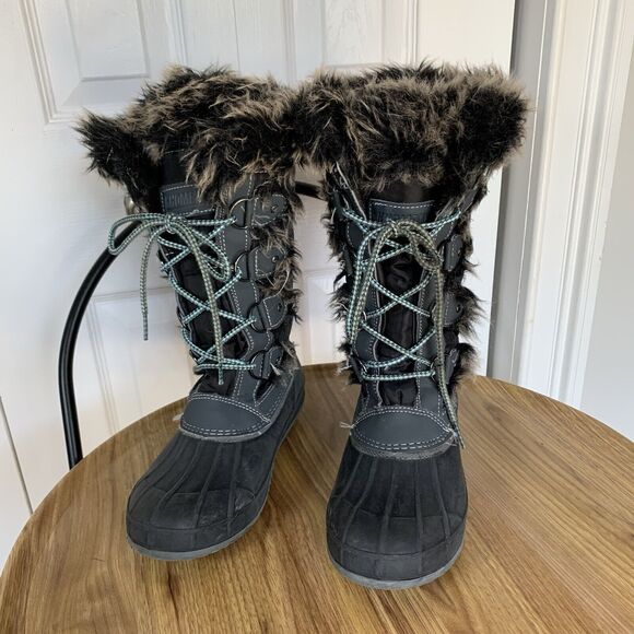 Women Lace Up Black Fur Trim Lined Winter Snow Boots Size 6 M Gray Khombu - Picture 14 of 16
